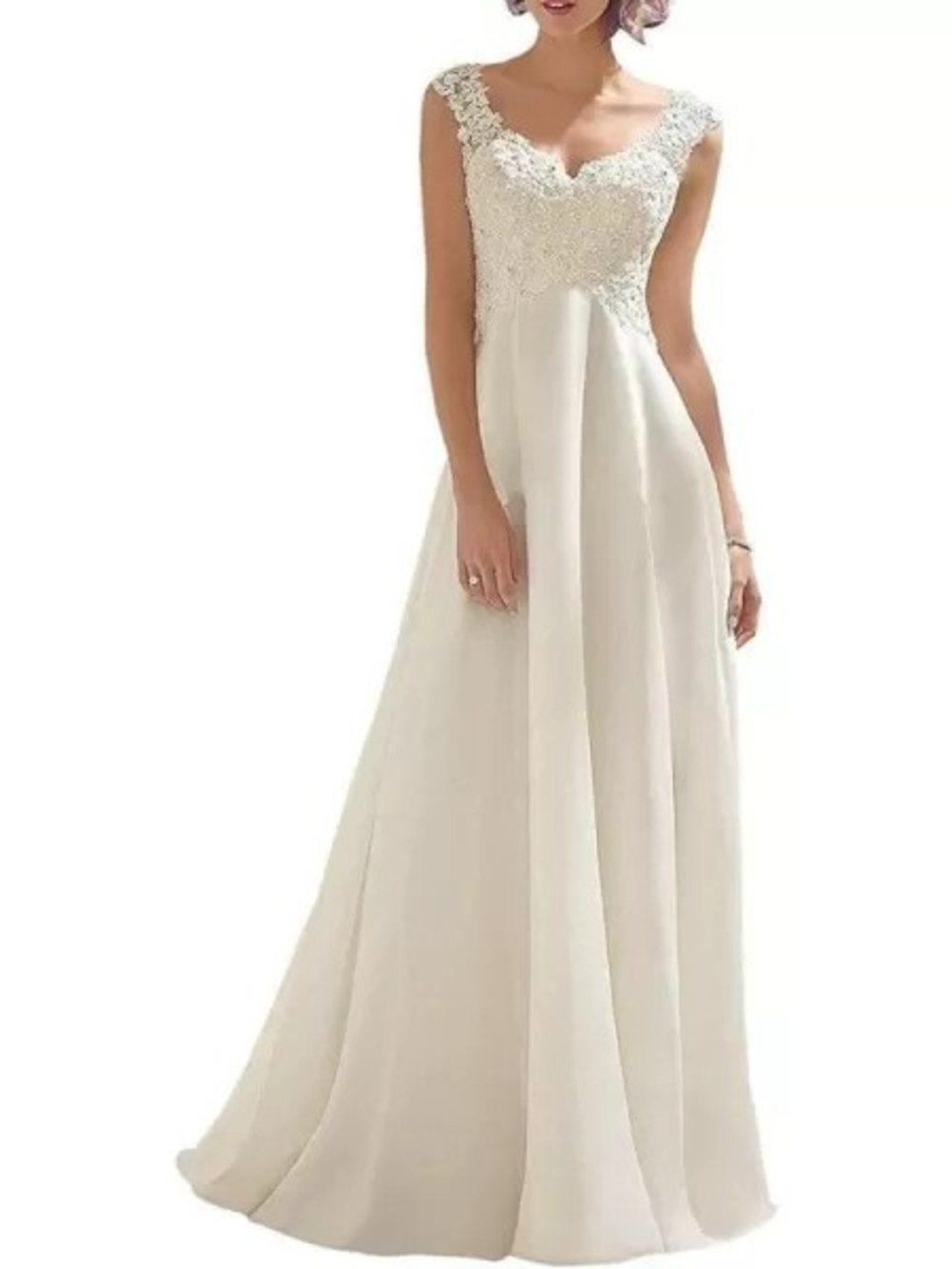 Chiffon Lace-Top Wedding Gown in Ivory